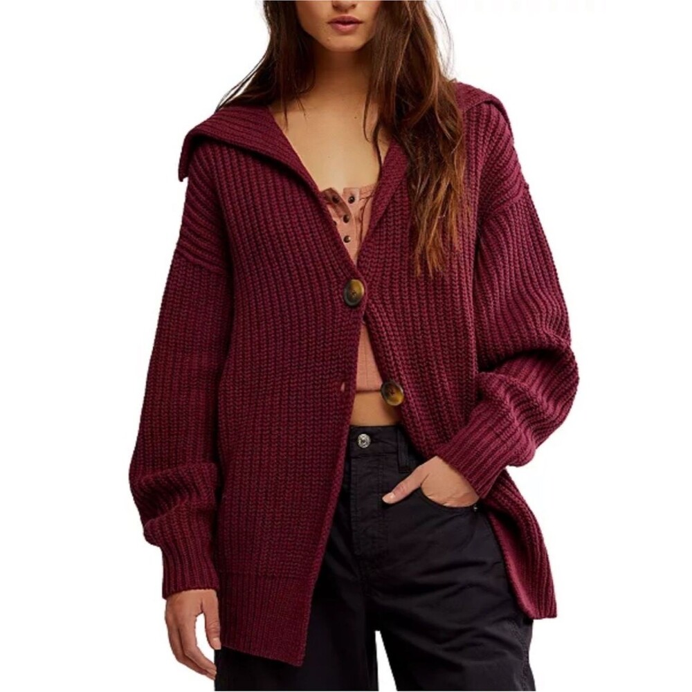 Free People Cozy Ribbed Swim Too Deep Cardigan Sweater Deep Berry Size XS Chic